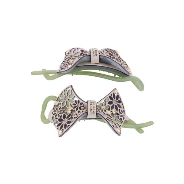 JEWELRY - RESIN BRACKET FOR HAIR WITH GLASS CRYSTALS SH102 - RIBBON - 11x4.9x2.5cm GREEN-BORDEAUX-BEIGE - PACKAGE 2pcs.