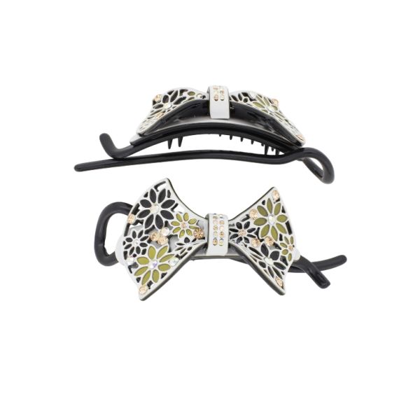 JEWELRY - RESIN BRACKET FOR HAIR WITH GLASS CRYSTALS SH102 - RIBBON - 11x4.9x2.5cm BLACK-GOLD-WHITE - 1pc.