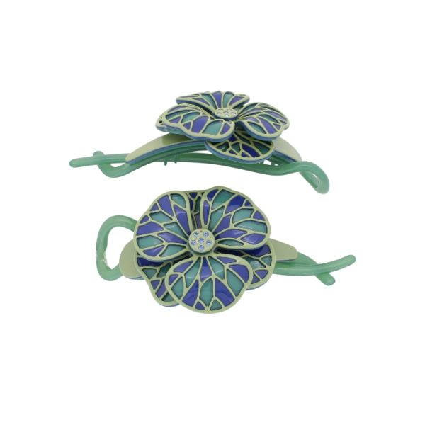 JEWELRY - RESIN BRACKET FOR HAIR WITH GLASS CRYSTALS SH103 - FLOWER - 11x5.4x2.4cm GREEN (DARK)-GREEN (LIGHT)-BLUE (DARK) - PACKAGE 2pcs.