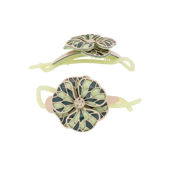 JEWELRY - RESIN BRACKET FOR HAIR WITH GLASS CRYSTALS SH103 - FLOWER - 11x5.4x2.4cm PEACH-GREEN (LIGHT)-GREEN (DARK) - PACKAGE 2pcs.