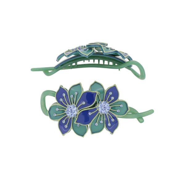 JEWELRY - RESIN BRACKET FOR HAIR WITH GLASS CRYSTALS SH104 - FLOWERS - 11x4.8x2.4cm GREEN (LIGHT)-GREEN (DARK)-BLUE (DARK) - PACKAGE 2pcs.