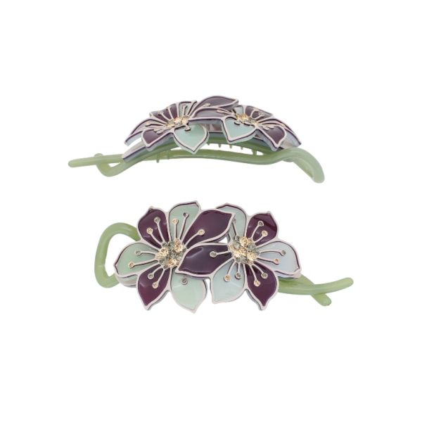 JEWELRY - RESIN BRACKET FOR HAIR WITH GLASS CRYSTALS SH104 - FLOWERS - 11x4.8x2.4cm GREEN-BORDEAUX-BEIGE - PACKAGE 2pcs.