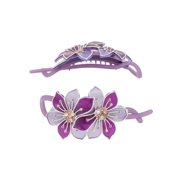 JEWELRY - RESIN BRACKET FOR HAIR WITH GLASS CRYSTALS SH104 - FLOWERS - 11x4.8x2.4cm PURPLE (LIGHT)-PURPLE (DARK)-WHITE - PACKAGE 2pcs.
