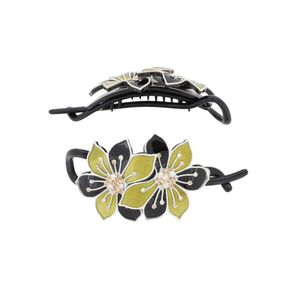 JEWELRY - RESIN BRACKET FOR HAIR WITH GLASS CRYSTALS SH104 - FLOWERS - 11x4.8x2.4cm BLACK-GOLD-WHITE - 1pc.
