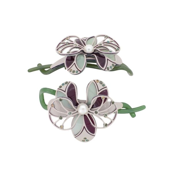 JEWELRY - RESIN BRACKET FOR HAIR WITH GLASS CRYSTALS SH105 - FLOWER - 11x6x2.5cm GREEN (DARK)-GREEN (LIGHT)-BORDEAUX - PACKAGE 2pcs.