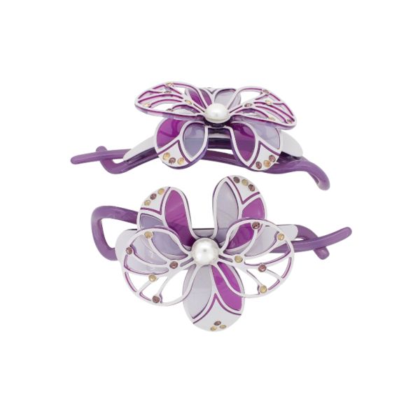 JEWELRY - RESIN BRACKET FOR HAIR WITH GLASS CRYSTALS SH105 - FLOWER - 11x6x2.5cm PURPLE (LIGHT)-PURPLE (DARK)-GRAY - PACKAGE 2pcs.