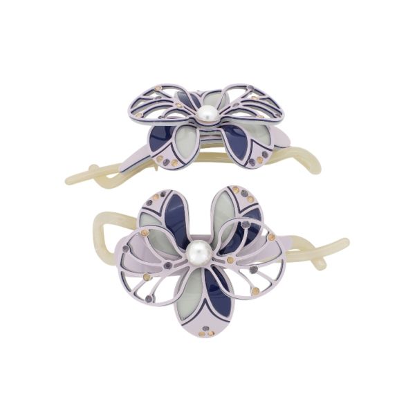 JEWELRY - RESIN BRACKET FOR HAIR WITH GLASS CRYSTALS SH105 - FLOWER - 11x6x2.5cm PURPLE (LIGHT)-BLUE (DARK)-GRAY - PACKAGE 2pcs.