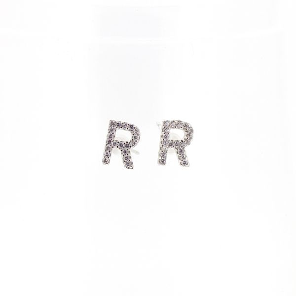 БИЖУТЕРИЯ - ОБЕЦИ - ВИНТ - ЦИРКОН - БУКВА R Е527 - 0.6х0.8см НИКЕЛ И БЯЛО - ПАКЕТ 6 чифта