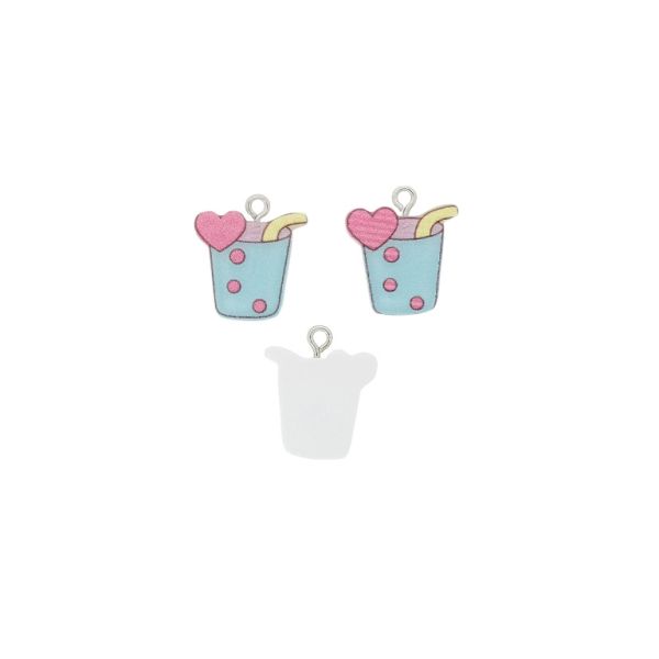 PLASTIC BEADS - RESIN 3D - PENDANT - CUP WITH STRAW 02 - 18x21x3mm PINK-BLUE-YELLOW - 2pcs. Hole-2.0mm