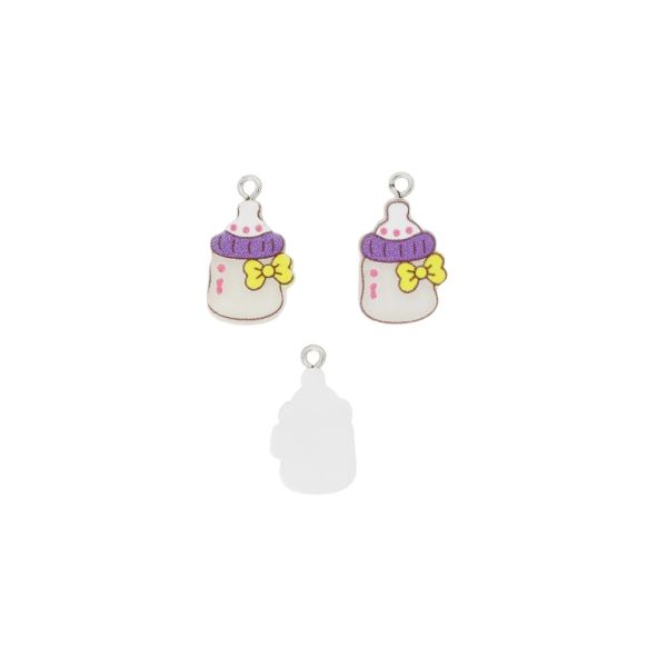 PLASTIC BEADS - RESIN 3D - PENDANT - BABY BOTTLE 01 - 14x24x3mm WHITE-PURPLE-YELLOW - PACKAGE 30pcs. Hole-2.0mm
