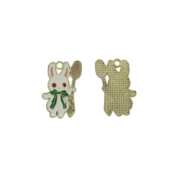 METAL BEADS WITH ENAMEL - PENDANT - RABBIT 15 WITH SPOON - 15x25x1.5mm WHITE-GREEN-RED - 3pcs. Hole-2.0mm
