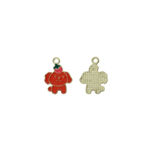 METAL BEADS WITH ENAMEL - PENDANT - DOG 10 WITH STRAWBERRY - 14x19x1.5mm ORANGE (DARK)-PINK (DARK)-GREEN - PACKAGE 50pcs. Hole-1.8mm