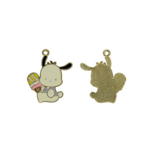 METAL BEADS WITH ENAMEL - PENDANT - DOG 11 WITH ICE CREAM - 24x27x1.5mm ECRU (DARK)-YELLOW-PINK - PACKAGE 30pcs. Hole-1.8mm