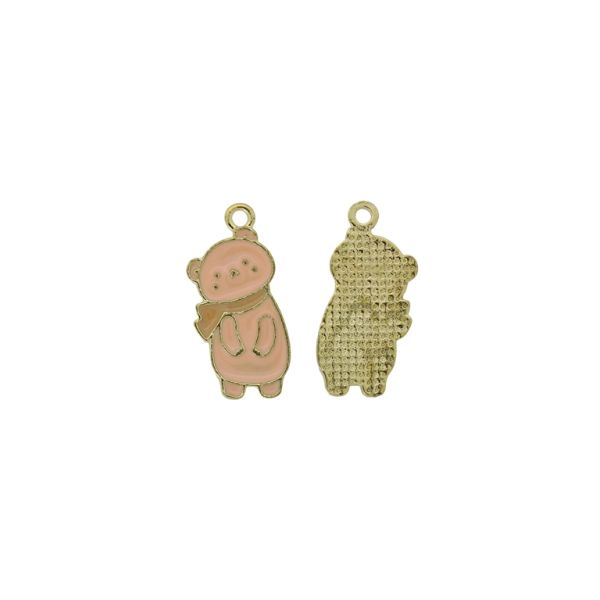 METAL BEADS WITH ENAMEL - PENDANT - BEAR 08 WITH SCARF - 12x25x1.5mm PINK (LIGHT)-BEIGE - PACKAGE 40pcs. Hole-1.8mm