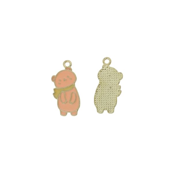 METAL BEADS WITH ENAMEL - PENDANT - BEAR 08 WITH SCARF - 12x25x1.5mm PINK-BEIGE - PACKAGE 40pcs. Hole-1.8mm