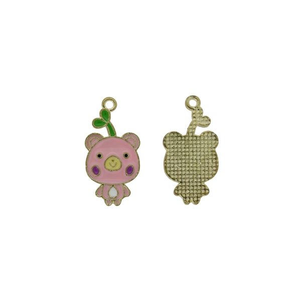 METAL BEADS WITH ENAMEL - PENDANT - BEAR 09 - 14x28x1.5mm PINK-PURPLE-ECRU - 4pcs. Hole-1.8mm