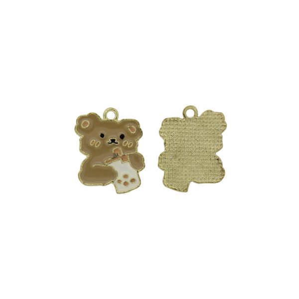 METAL BEADS WITH ENAMEL - PENDANT - BEAR 10 WITH CUP - 17x22x1.5mm BEIGE (DARK)-ECRU - 4pcs. Hole-1.8mm