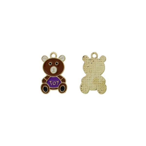 METAL BEADS WITH ENAMEL - PENDANT - BEAR 16 - 14x22x1.5mm BROWN (DARK)-PURPLE-ECRU - 3pcs. Hole-1.8mm