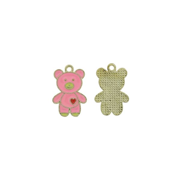METAL BEADS WITH ENAMEL - PENDANT - BEAR 17 WITH HEART - 15x22x1.5mm PINK-YELLOW-RED - PACKAGE 30pcs. Hole-1.8mm