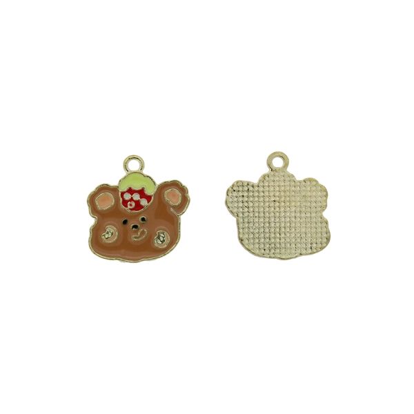 METAL BEADS WITH ENAMEL - PENDANT - BEAR 18 WITH STRAWBERRY - 19x20x1.5mm BROWN-RED-RESEDA - PACKAGE 30pcs. Hole-2.0mm