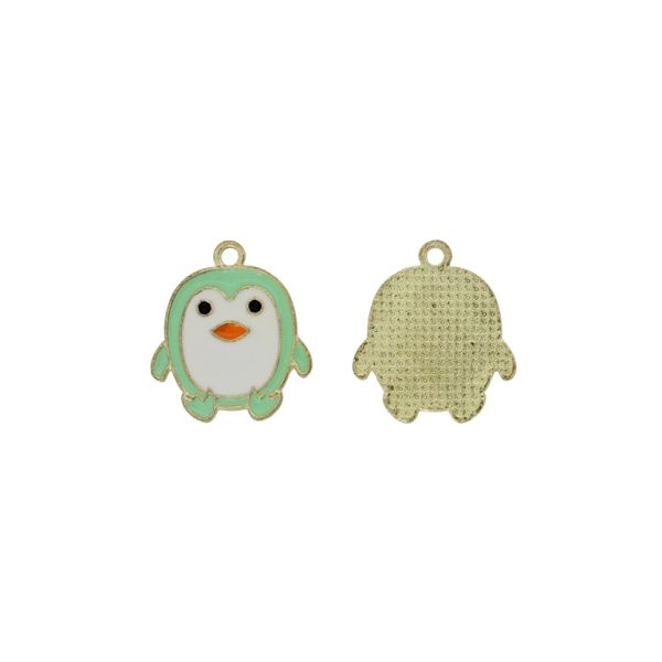 METAL BEADS WITH ENAMEL - PENDANT - PENGUIN 04 - 19x22x1.6mm RESEDA-WHITE - PACKAGE 40pcs. Hole-1.8mm
