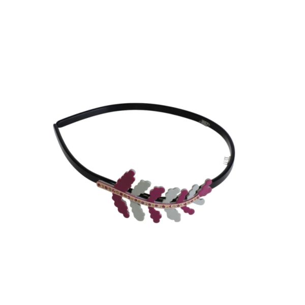 JEWELRY - ACCESSORY FOR HAIR - TIARA WITH CRYSTALS D041 - PLASTIC AND GLASS - LEAF - BLACK-GRAY-CYCLAMEN - 1pc.