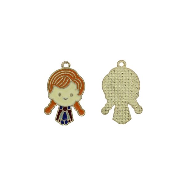 METAL BEADS WITH ENAMEL - PENDANT - GIRL 06 - 17x27x1.6mm ORANGE-ECRU-BLUE - 3pcs. Hole-1.7mm