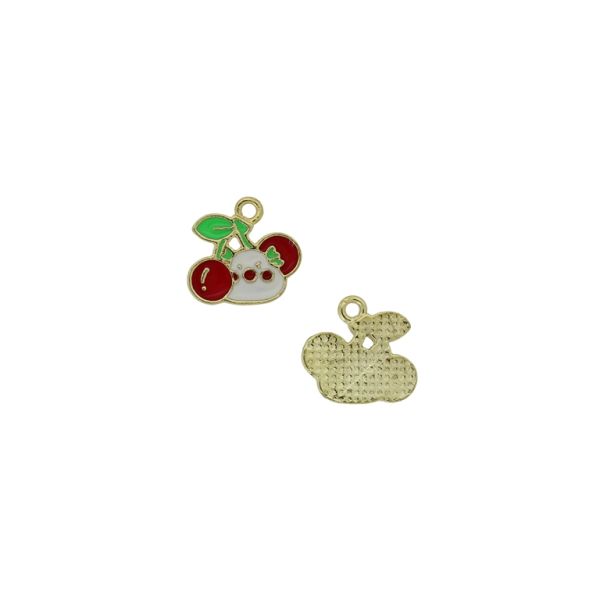 METAL BEADS WITH ENAMEL - PENDANT - CHERRIES 03 - 15x14x1.5mm GREEN-RED-WHITE - 4pcs. Hole-1.7mm