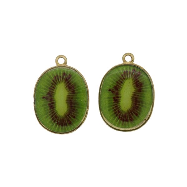 METAL BEADS WITH ENAMEL - PENDANT - KIWI 01 - 19x27x3.5mm GOLD-GREEN-BLACK - 2pcs. Hole-2.0mm