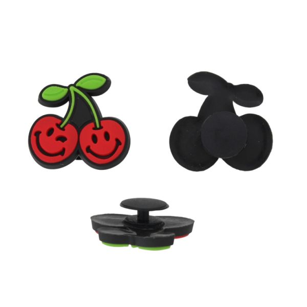 PLASTIC BEADS - RUBBER 3D - BUTTON - CHERRIES 06 - 26x25x3mm RED-GREEN-BLACK - PACKAGE 20pcs.