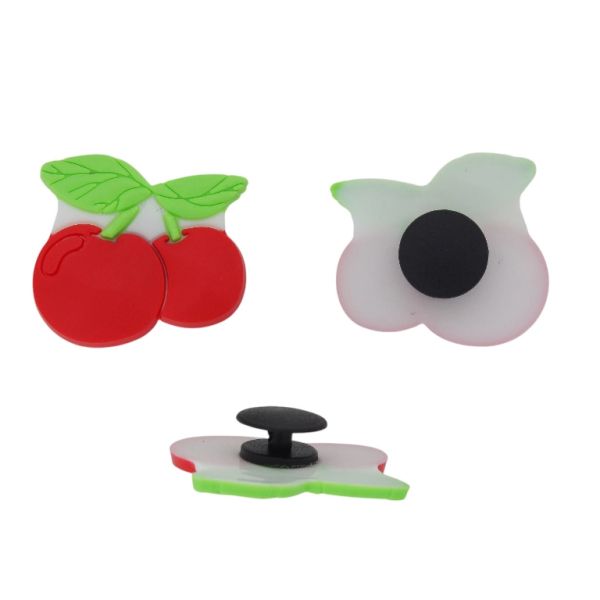 PLASTIC BEADS - RUBBER 3D - BUTTON - CHERRIES 07 - 29x26x3mm RED-GREEN-WHITE - PACKAGE 20pcs.