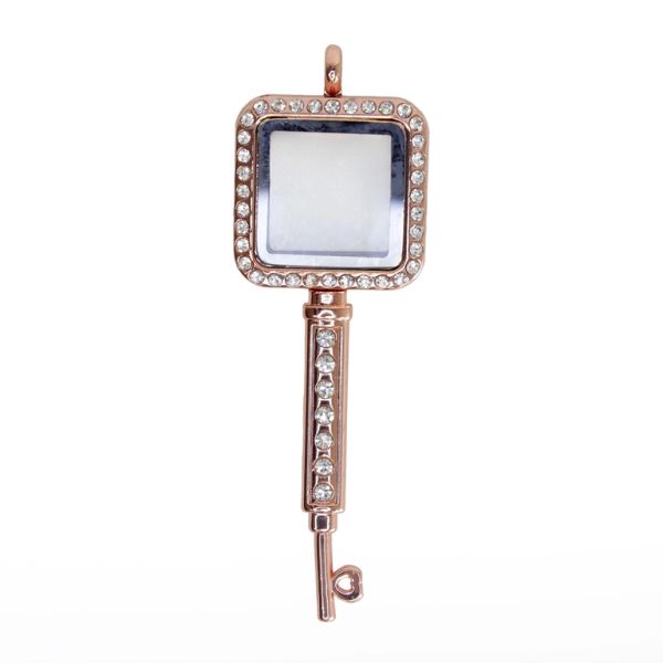 METAL BEADS - MEDALLION WITH MAGNETIC CLOSURE AND CRYSTALS - KEY 01 - 24x73x8mm ROSE GOLD AND WHITE - 1pc. Hole-3.6mm