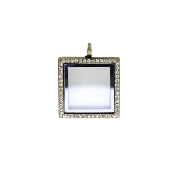 METAL BEADS - MEDALLION WITH MAGNETIC CLOSURE AND CRYSTALS - SQUARE 01 - 29x36x7mm ANTIQUE BRONZE AND WHITE - 1pc. Hole-4.8mm