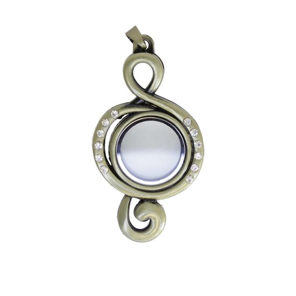 METAL BEADS - MEDALLION WITH MAGNETIC CLOSURE AND CRYSTALS - TREBLE CLEF 01 - 32x65x6mm ANTIQUE BRONZE AND WHITE - 1pc. Hole-2.6mm