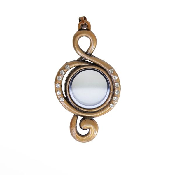 METAL BEADS - MEDALLION WITH MAGNETIC CLOSURE AND CRYSTALS - TREBLE CLEF 01 - 32x65x6mm ANTIQUE BRASS (LIGHT) AND WHITE - 1pc. Hole-2.6mm