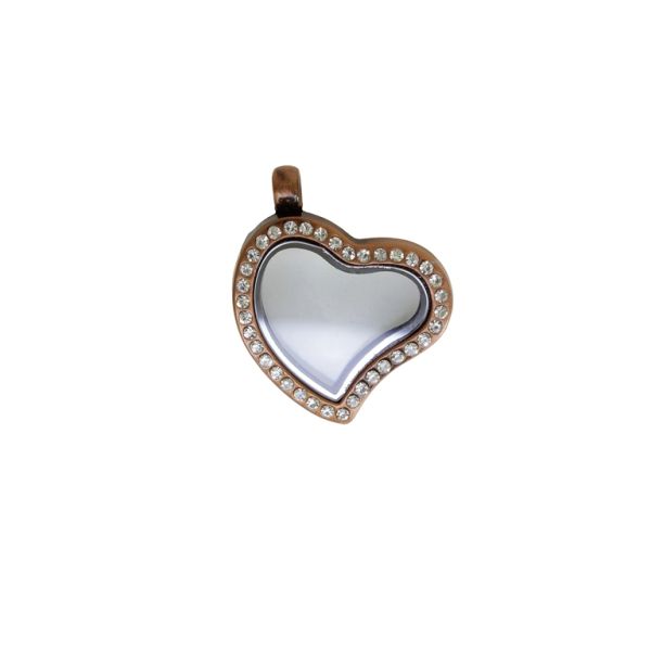 METAL BEADS - MEDALLION WITH MAGNETIC CLOSURE AND CRYSTALS - HEART 01 - 28x37x6mm ANTIQUE BRASS AND WHITE - 1pc. Hole-2.6mm