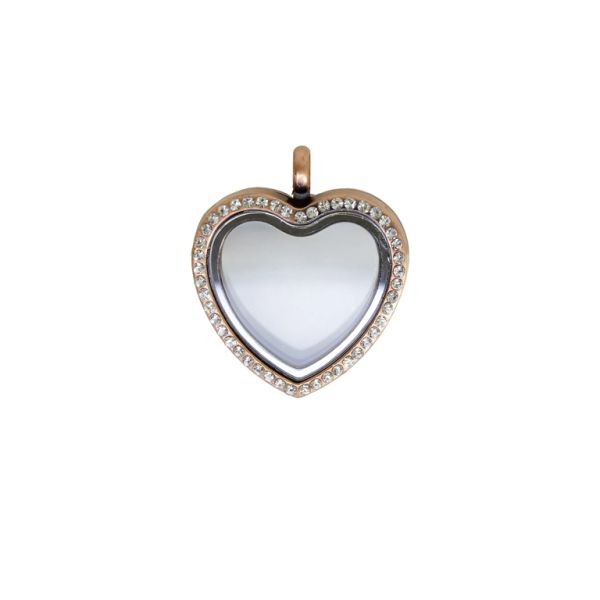 METAL BEADS - MEDALLION WITH MAGNETIC CLOSURE AND CRYSTALS - HEART 02 - 31x36x7mm ROSE GOLD AND WHITE - 1pc. Hole-4.0mm
