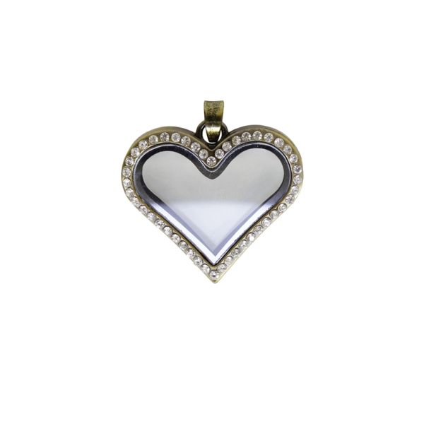 METAL BEADS - MEDALLION WITH MAGNETIC CLOSURE AND CRYSTALS - HEART 03 - 36x38x7mm ANTIQUE BRONZE AND WHITE - 1pc. Hole-3.2mm