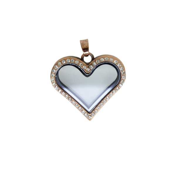 METAL BEADS - MEDALLION WITH MAGNETIC CLOSURE AND CRYSTALS - HEART 03 - 36x38x7mm ANTIQUE BRASS (LIGHT) AND WHITE - 1pc. Hole-3.2mm