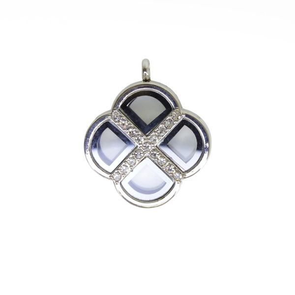 METAL BEADS - MEDALLION WITH MAGNETIC CLOSURE AND CRYSTALS - CLOVER 01 - 36x43x8mm NICKEL AND WHITE - PACKAGE 5pcs. Hole-3.2mm