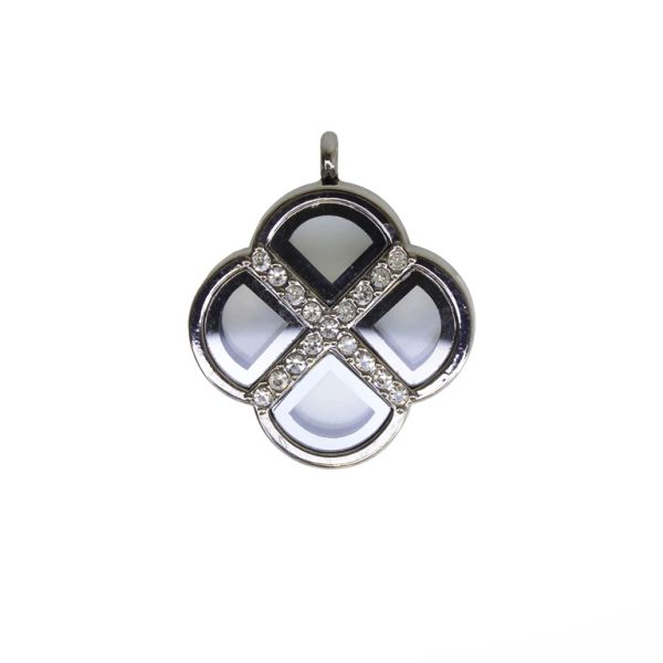 METAL BEADS - MEDALLION WITH MAGNETIC CLOSURE AND CRYSTALS - CLOVER 01 - 36x43x8mm OXIDIZED AND WHITE - 1pc. Hole-3.2mm