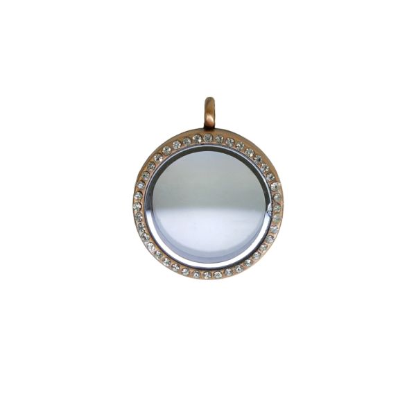 METAL BEADS - MEDALLION WITH MAGNETIC CLOSURE AND CRYSTALS - CIRCLE 01 - 30x36x7mm ANTIQUE BRASS AND WHITE - PACKAGE 5pcs. Hole-3.6mm