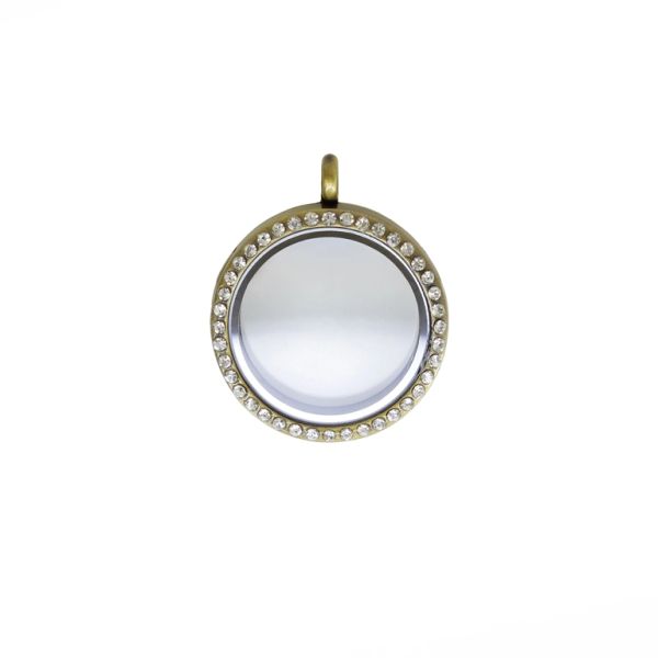 METAL BEADS - MEDALLION WITH MAGNETIC CLOSURE AND CRYSTALS - CIRCLE 01 - 30x36x7mm ANTIQUE BRONZE AND WHITE - PACKAGE 5pcs. Hole-3.6mm