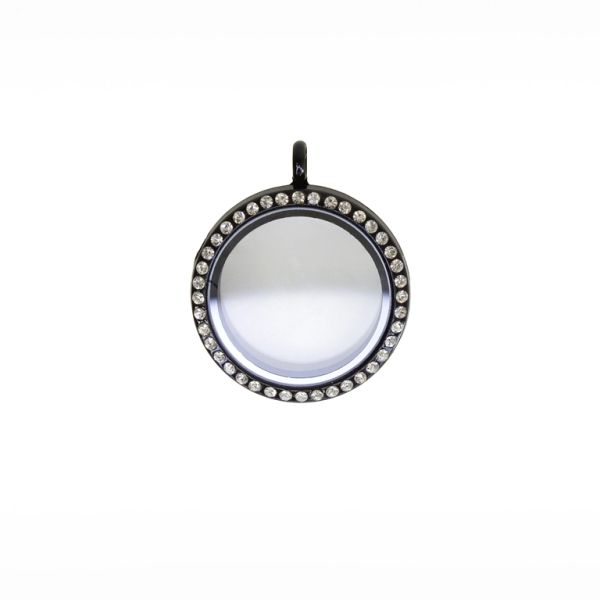METAL BEADS - MEDALLION WITH MAGNETIC CLOSURE AND CRYSTALS - CIRCLE 01 - 30x36x7mm BLACK AND WHITE - 1pc. Hole-3.6mm