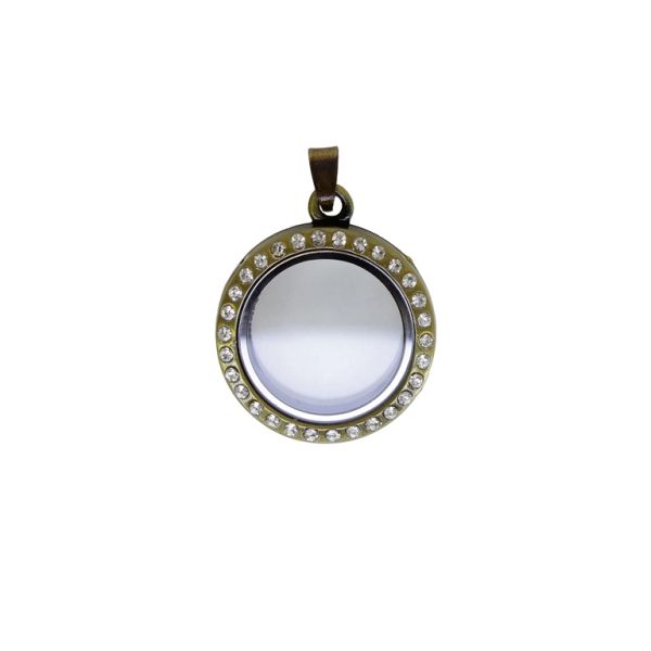 METAL BEADS - MEDALLION WITH MAGNETIC CLOSURE AND CRYSTALS - CIRCLE 01 - 28x38x7mm ANTIQUE BRONZE AND WHITE - 1pc. Hole-2.4mm
