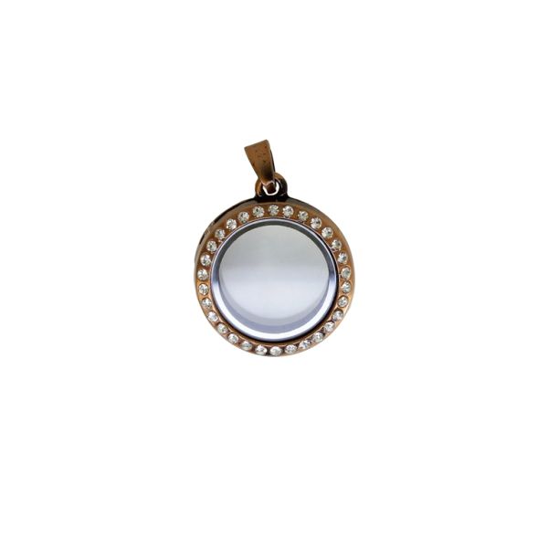 METAL BEADS - MEDALLION WITH MAGNETIC CLOSURE AND CRYSTALS - CIRCLE 01 - 24x36x7mm ANTIQUE BRASS AND WHITE - PACKAGE 5pcs. Hole-2.2mm