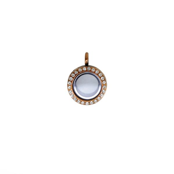 METAL BEADS - MEDALLION WITH MAGNETIC CLOSURE AND CRYSTALS - CIRCLE 01 - 19x26x8mm ANTIQUE BRASS AND WHITE - 1pc. Hole-3.6mm