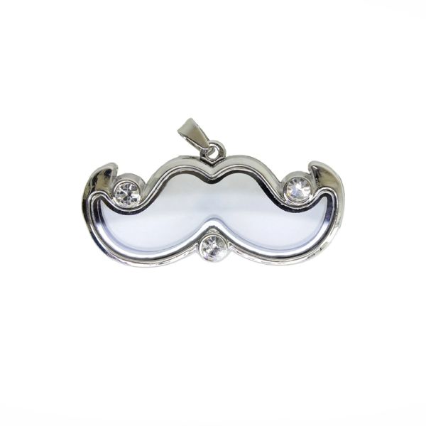 METAL BEADS - MEDALLION WITH MAGNETIC CLOSURE AND CRYSTALS - MUSTACHE 01 - 52x31x7mm NICKEL AND WHITE - 1pc. Hole-2.0mm