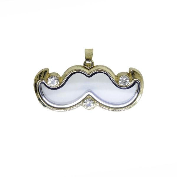METAL BEADS - MEDALLION WITH MAGNETIC CLOSURE AND CRYSTALS - MUSTACHE 01 - 52x31x7mm GOLD (LIGHT) AND WHITE - 1pc. Hole-2.0mm