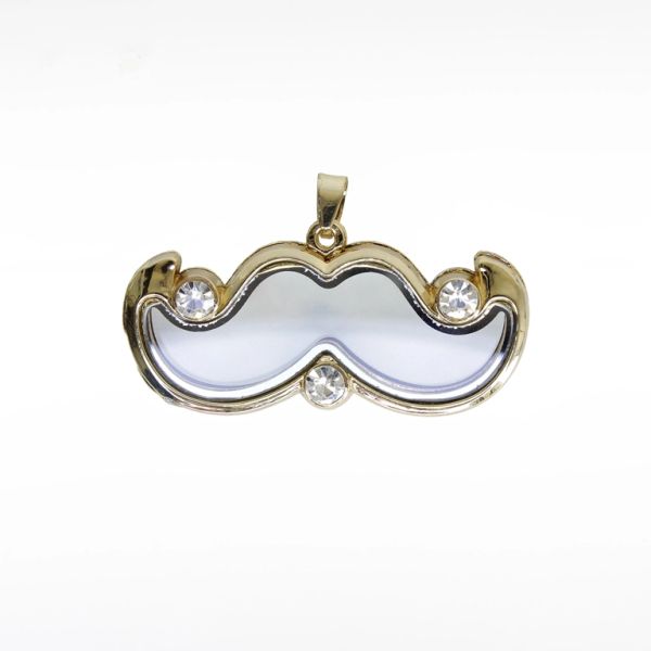 METAL BEADS - MEDALLION WITH MAGNETIC CLOSURE AND CRYSTALS - MUSTACHE 01 - 52x31x7mm GOLD AND WHITE - PACKAGE 5pcs. Hole-2.0mm
